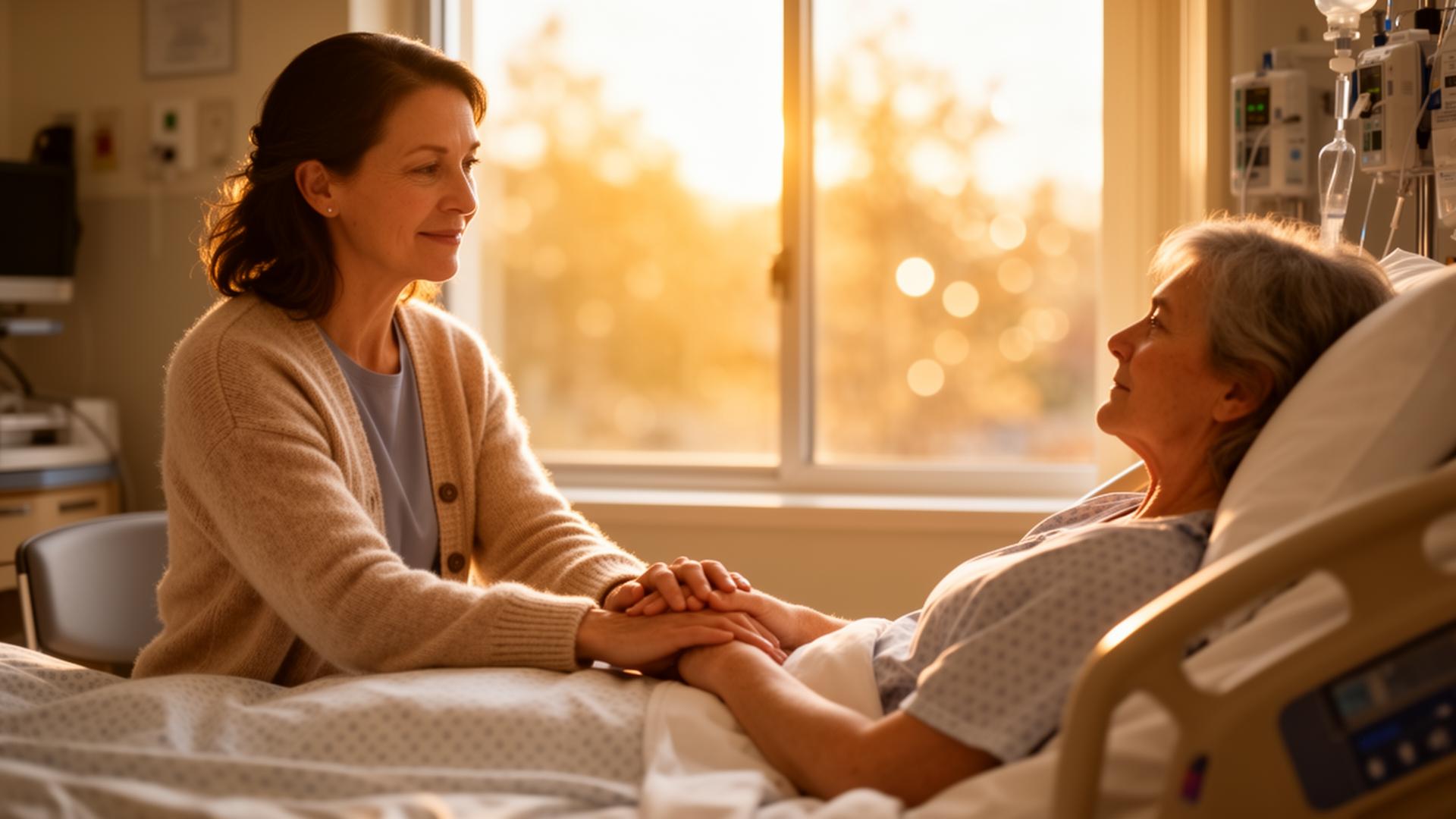 Chaplain holding the hand of a patient at bedside in warm light