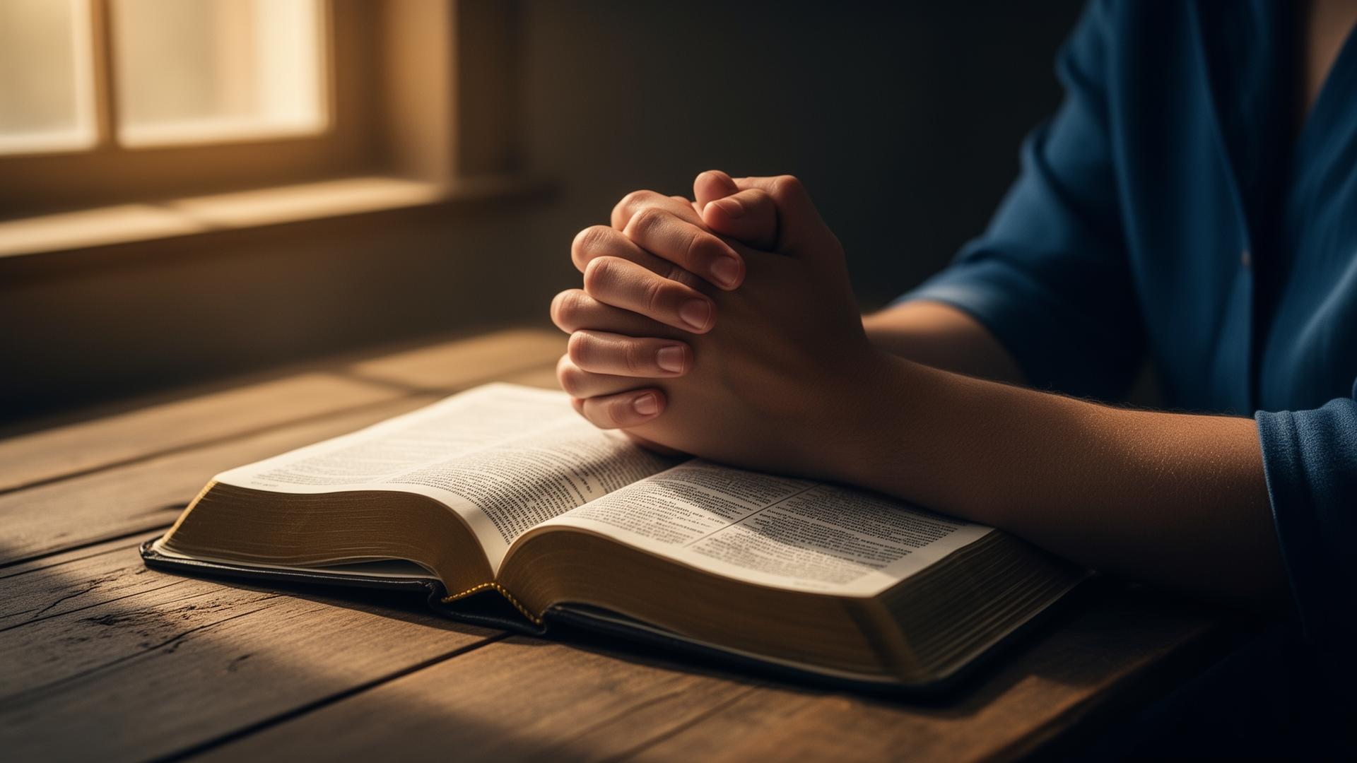 Hands clasped in prayer over an open Bible